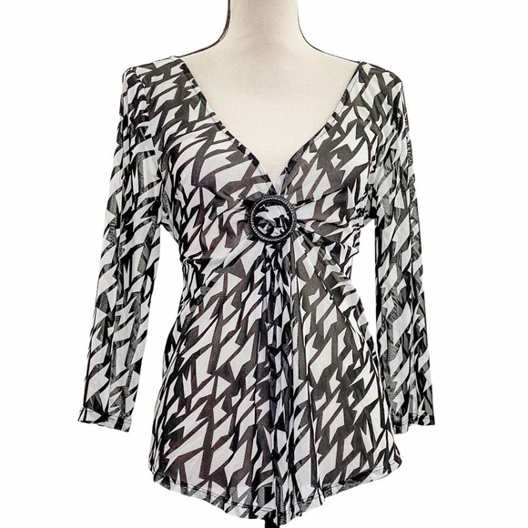 ESSENTIALS by Milano Black White Geometric Blouse - Picture 1 of 11
